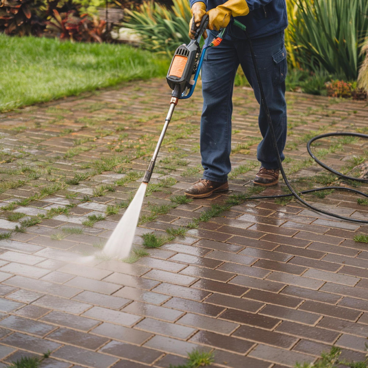 Driveway and patio pressure washing service in London removing moss, algae and grime for restored colour and grip